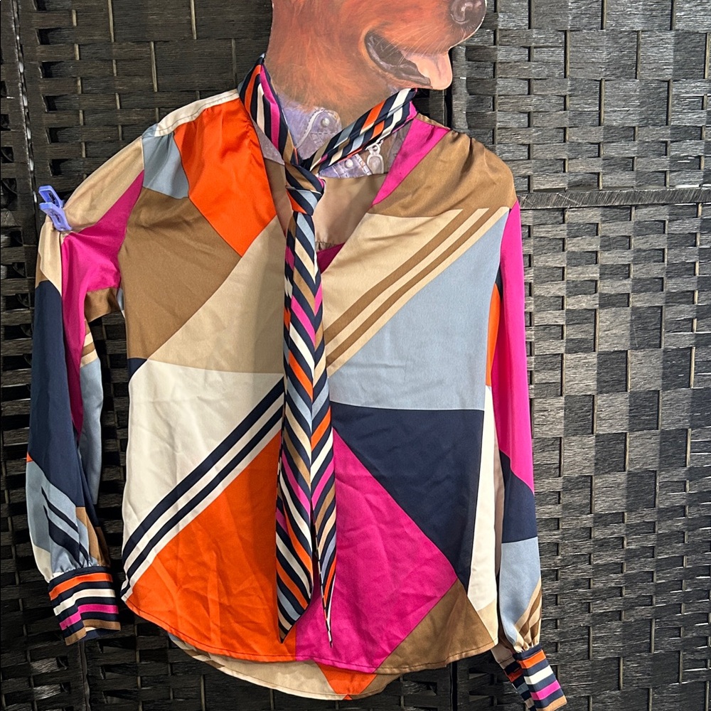 Trina Turk Colorblock Geometric Shirt Jacket in Pink, Orange, Navy & Tan